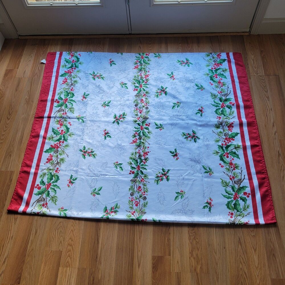 Vintage Christmas Tablecloth Holly Berry Red Border Stripe Print White Rectangle